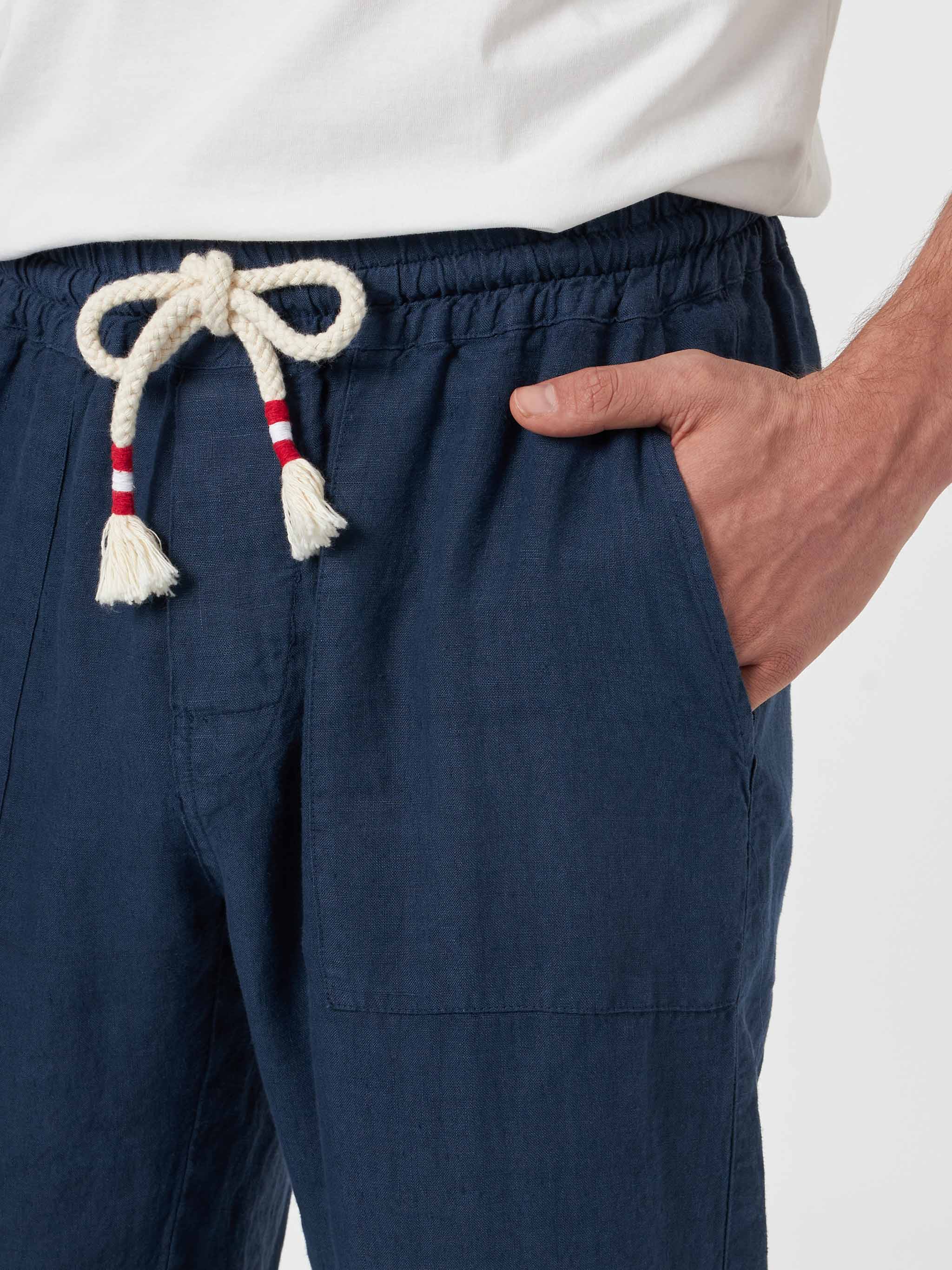 Calais herenbroek van marineblauw linnen met trekkoord