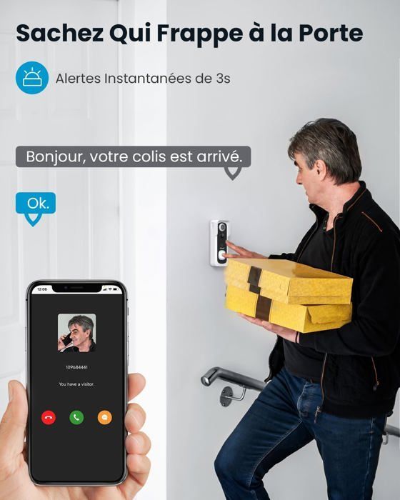 Timbre inalámbrico con cámara, timbre exterior 2K, resistente al agua IP66, timbre con video, audio bidireccional, PIR, WiFi 2.4G, 64 GB