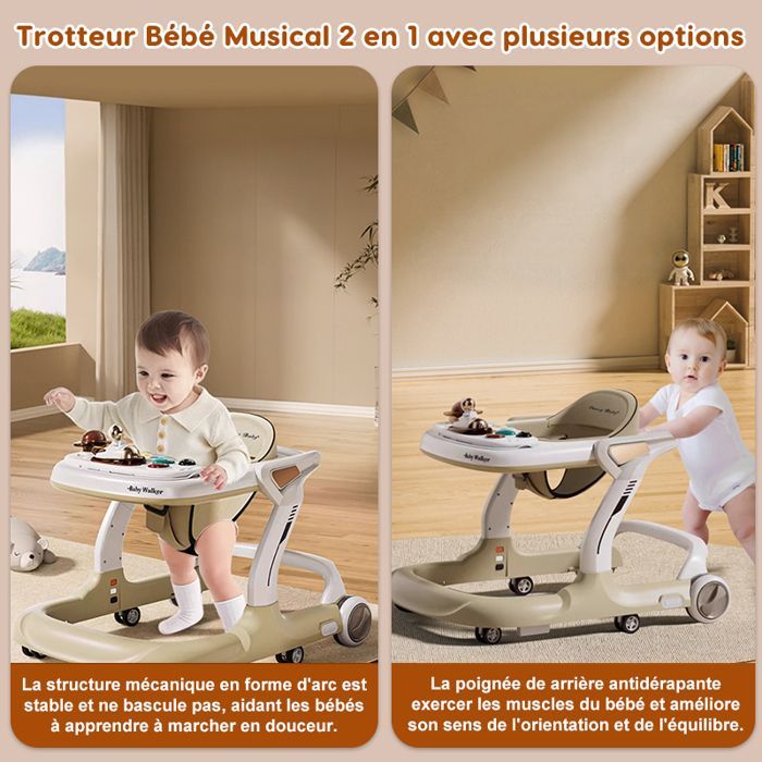 Andador convertible 2 en 1 para bebés - Altura y velocidad ajustables - Bandeja para comida, música Bluetooth, alfombra de juegos, juguete para empujar - 7-18 meses - Beige