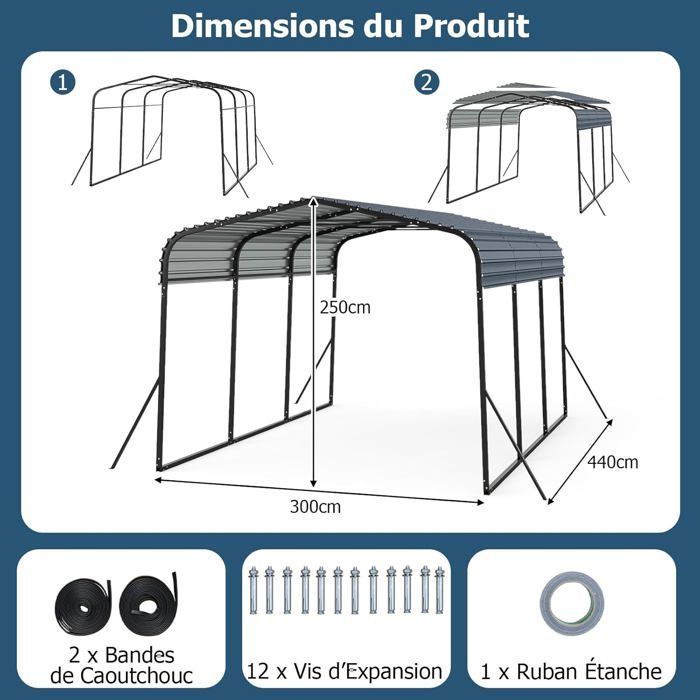 GIANTEX Grand Carport, Abri de Voiture en Métal, 440 x 300 x 250 cm, Toit Rigide, 4 Pieds Inclinés