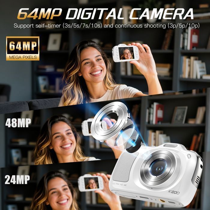 Fotocamera digitale 4K da 64 MP per fotografia con autofocus, zoom 16x, design compatto, include una scheda SD da 32 GB, bianca