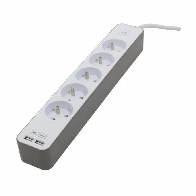 CHACON 5-fach Steckdosenleiste, 16 A, mit 2 USB-Anschlüssen und 1,5 m Kabel HO5VV-F 3x1,5 mm² weiß und braun