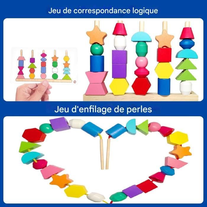 Juguete infantil para niños de 3 años: juguetes de madera para ensartar y ensartar 3 en 1, juguetes apilables y para ensartar, juegos Montessori para niños de 2 años, juego educativo 2