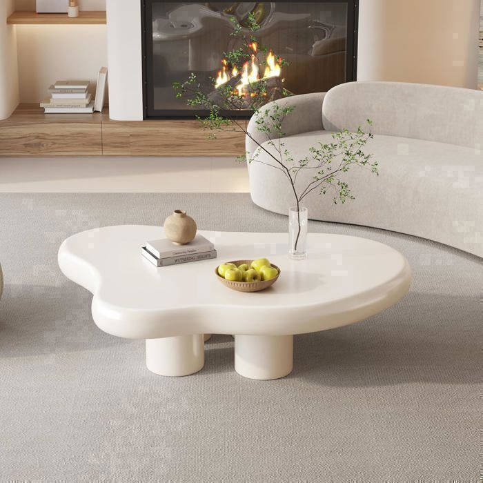 Cloud salontafel, minimalistische salontafel met onregelmatige vier poten voor de woonkamer (crème wit, 90 cm)