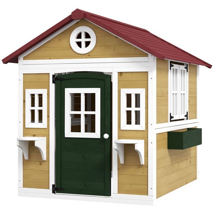 Outdoor playhouse for children with doors, windows, and planters, 114 x 126.4 x 135 cm, beige
