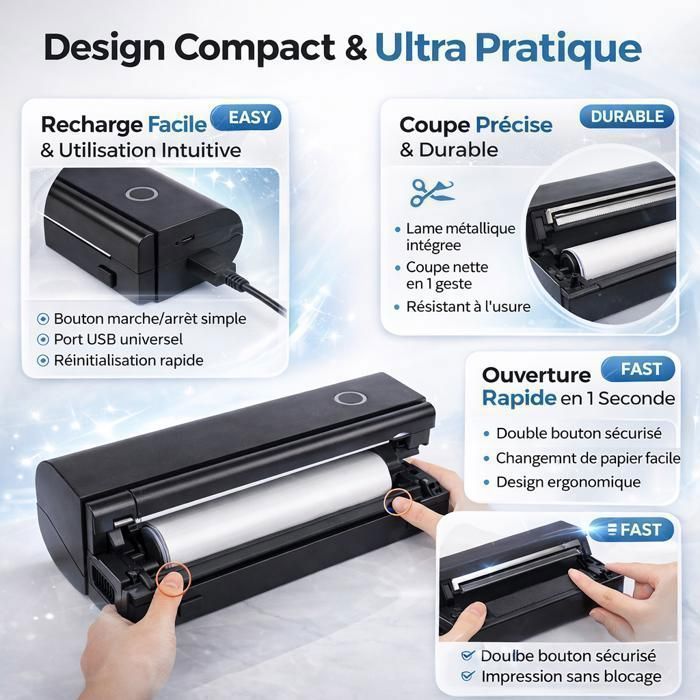 Thermodrucker mit 215 Blatt A4-Papier, Bluetooth-fähig, kompatibel mit PC/Mac/iOS/Android, 203 dpi, tragbarer Drucker