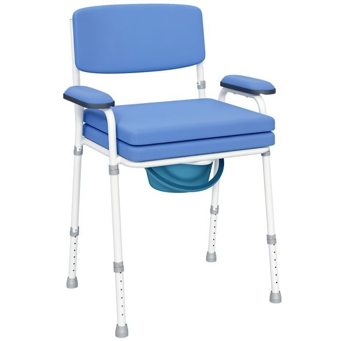 Chaise percée toilette HOMCOM multifonctions seau amovible hauteur réglable avec dossier siège et accoudoirs rembourrés bleu