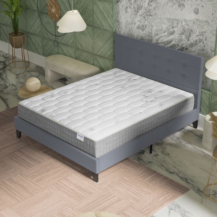 Colchón y cama (140x190cm) - Galice 25cm Muelles ensacados y espuma viscoelástica + Base de láminas y cabecero tapizados en gris