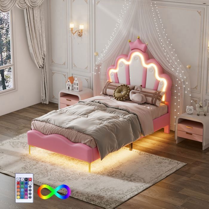 Eenpersoonsbed, gestoffeerd kinderbed 90x200cm, lattenbodem, met ledverlichting, kroonvormig prinsessenbed, PU, roze