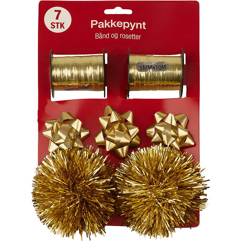 Verpakkingsdecoratie met linten en rozetten in goud/zilver.
