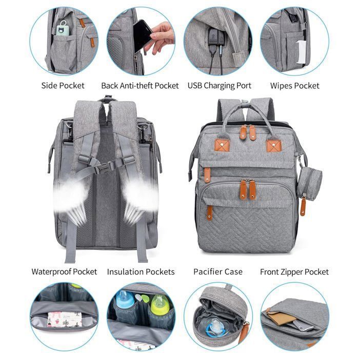 Sac à Dos à Langer pour Bébé,Sac de Voyage avec Lit de Bébé Portable,Grande Capacité Sac à Couches Multifonction Imperméable