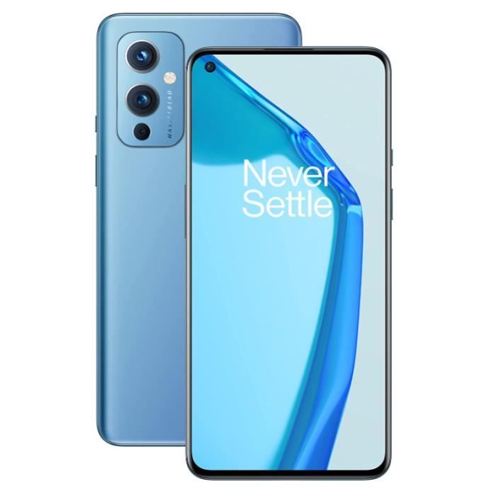 OnePlus 9 5G-telefoon met 8 GB RAM, 128 GB opslag en Snapdragon 888-processor, 6,55-inch AMOLED-scherm en blauw display.