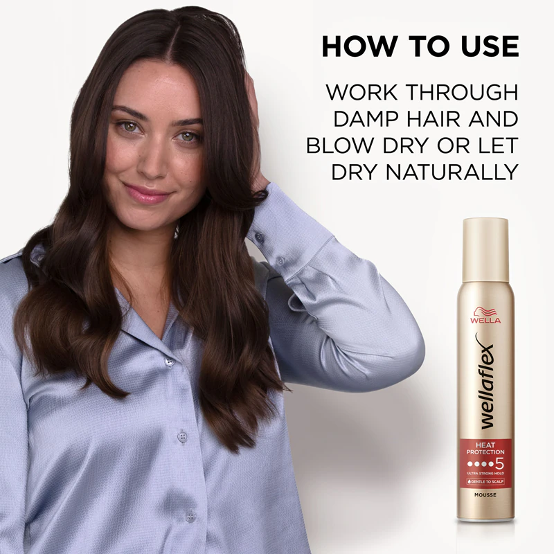 Mousse capilar Wella Wellaflex com proteção térmica para cabelos contra altas temperaturas.
