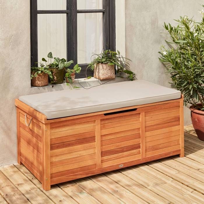Houten opbergbox voor in de tuin, 200 liter - Beige - 125x60 cm - Met opbergruimte voor kussens, 2 gasveren en handgrepen