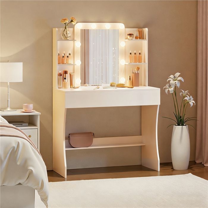 Yaheetech Dressing Table with Mirror, 10 LED Lights (3 Colors), Two Large Drawers and Six Storage Shelves, White