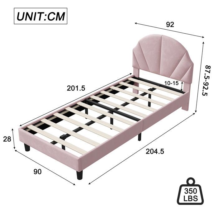 Cama de 90x200cm - Cama infantil, individual y con somier de láminas - con cabecero ajustable, diseño de conchas marinas - en terciopelo rosa