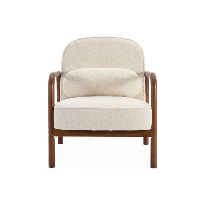 AMELIE Scandinavische fauteuil van licht walnootkleurig rubberhout en boucléstof.