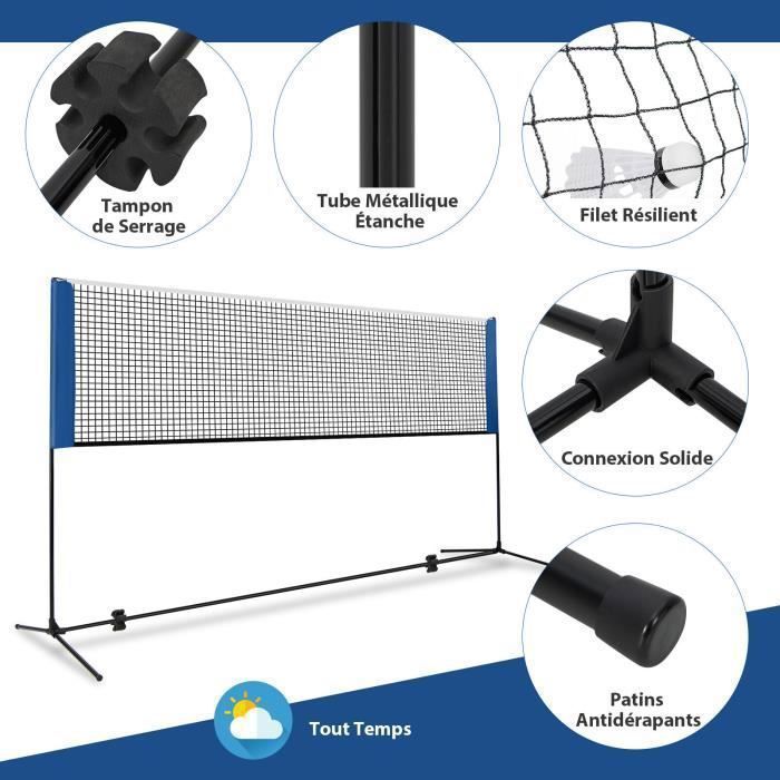 COSTWAY Draagbaar Badmintonnet 420x102x89-155cm - Verstelbare hoogte - 2 shuttlecocks - PE - Opzetten in 5 minuten - Opbergtas - Blauw