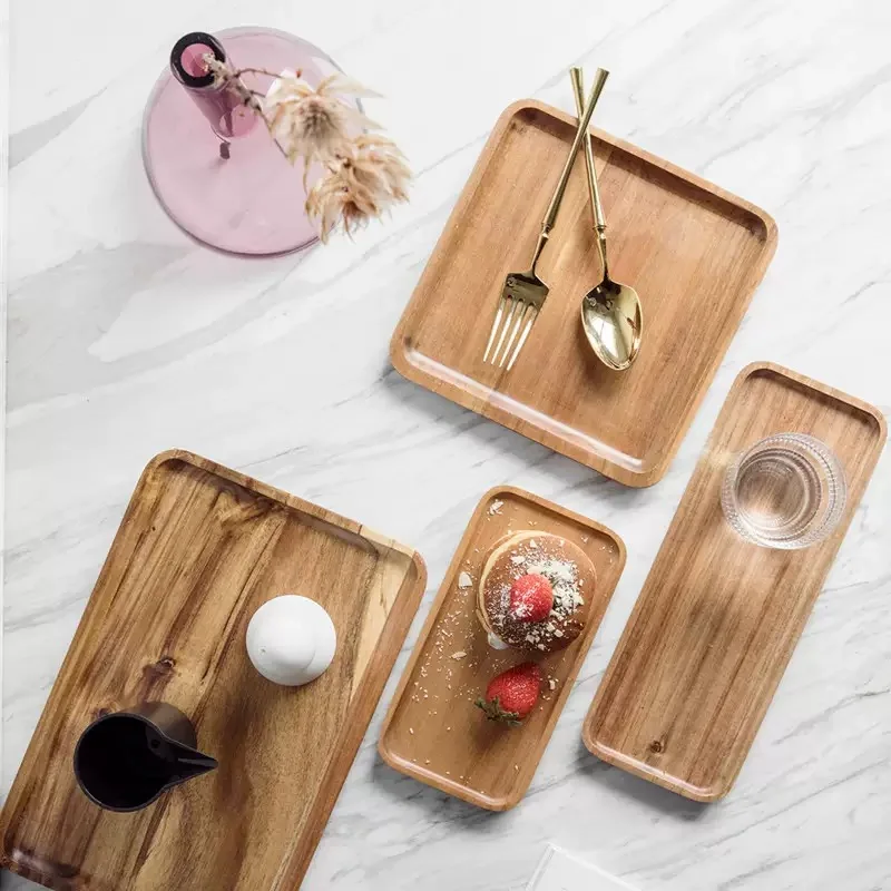 Plateau en bois naturel, plateau à café rectangulaire, assiette à fruits, plateaux de rangement pour aliments, plateaux de service pour hôtels et maisons, plateau à thé, accessoires de décoration