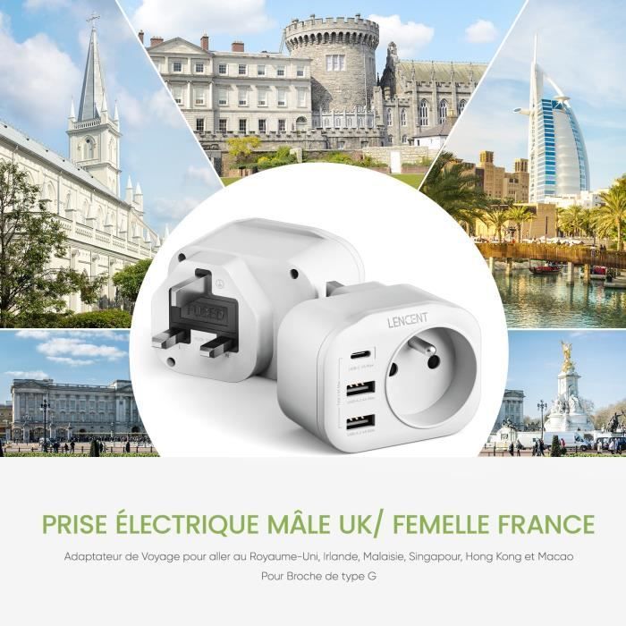 Plug Adapter - LENCENT - France to UK - 2 USB Ports - 1 Type-C - Fireproof