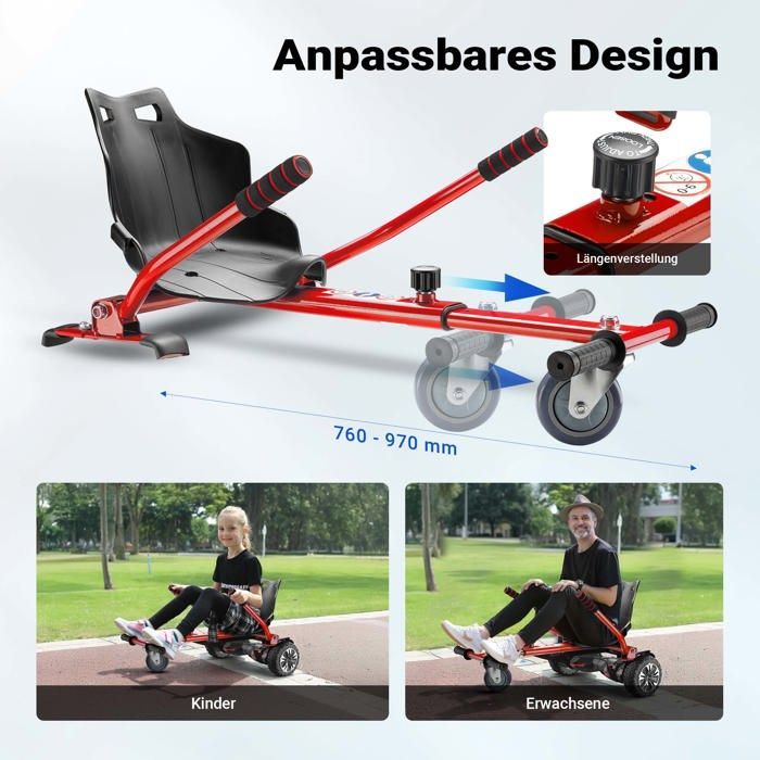Wiltec Balance Scooter Seat – Red – 120 kg max. capacity – with wheels and handles – adjustable for adults and children –