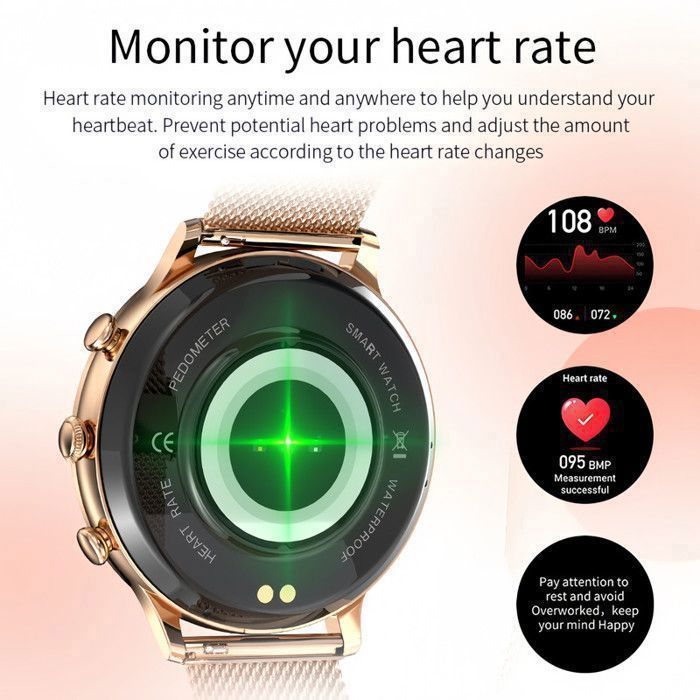 Montre Connectée Femme 1.3,360*360px Intelligente Appel Smartwatch Zirconia Incrusté,Bluetooth Fréquence Cardiaque pour Android iOS