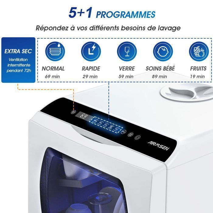 Mini lava-louças de mesa AIRMSEN para 4 serviços, sem necessidade de instalação elétrica, 7 programas, reservatório de 5 litros, compacta de 42 cm para estúdio/cozinha.