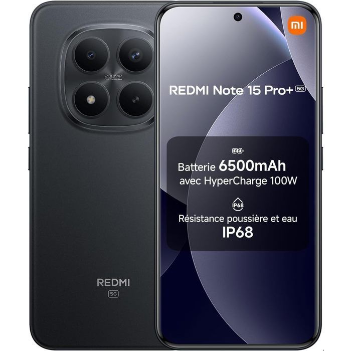 Smartphone Xiaomi Redmi Note 15 Pro+ 5G 8Go Ram 256Go Noir Appareil Photo 200MP 6500mAh Charge Rapide 100 W - Version globale