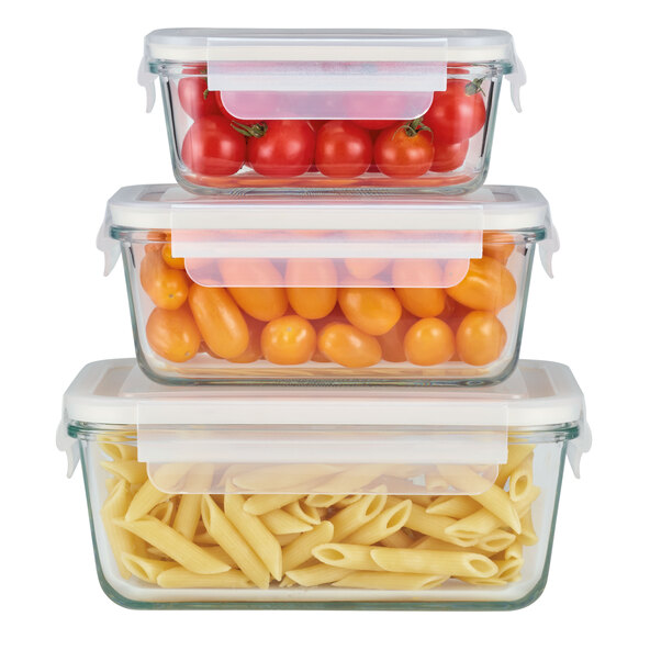 Glass food storage container set, transparent
