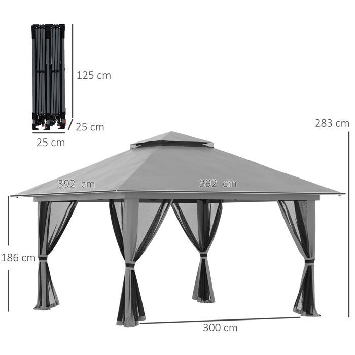 Outsunny - Tonnelle de jardin - Métal - 392x392x283cm - Gris foncé