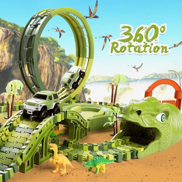 Coche eléctrico de dinosaurio - Set de pista de 240+29 piezas con túnel, puente y mini coches - Juguete modular de dinosaurio para armar
