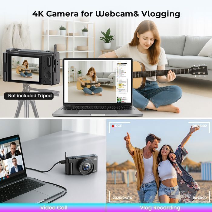 Cámara digital compacta JEEMAK 4K de 72 MP, cámara de vídeo con enfoque automático, pantalla giratoria de 2,8