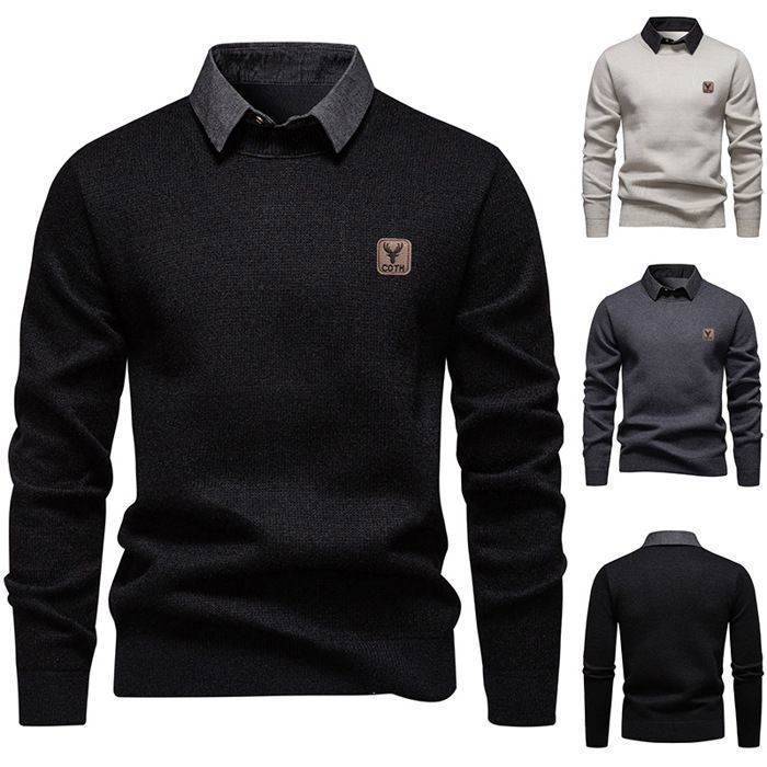 Maglione da uomo lavorato a maglia con colletto foderato in pile, caldo pullover a maniche lunghe, colore a contrasto - Beige