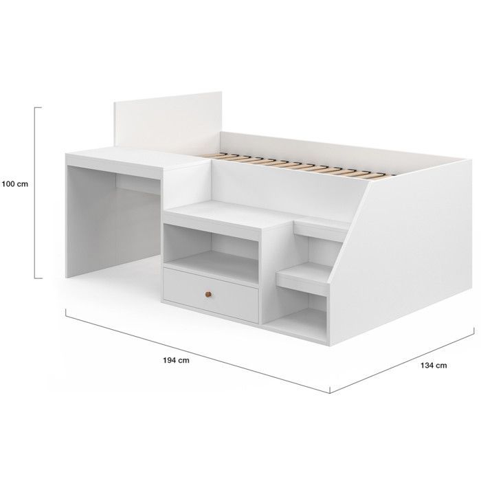 IDMARKET LEOPOLD 90 x 190 cm White Combination Bed with Slatted Base, Desk and Storage