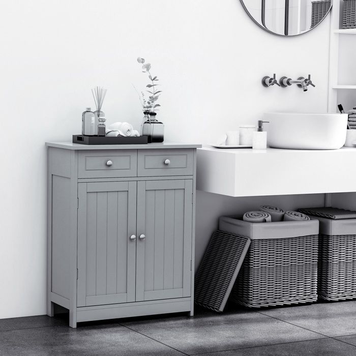 Meuble de salle de bain - meuble de rangement - kleankin - 2 tiroirs placard double porte réglable - bois - 60x30x75cm - gris