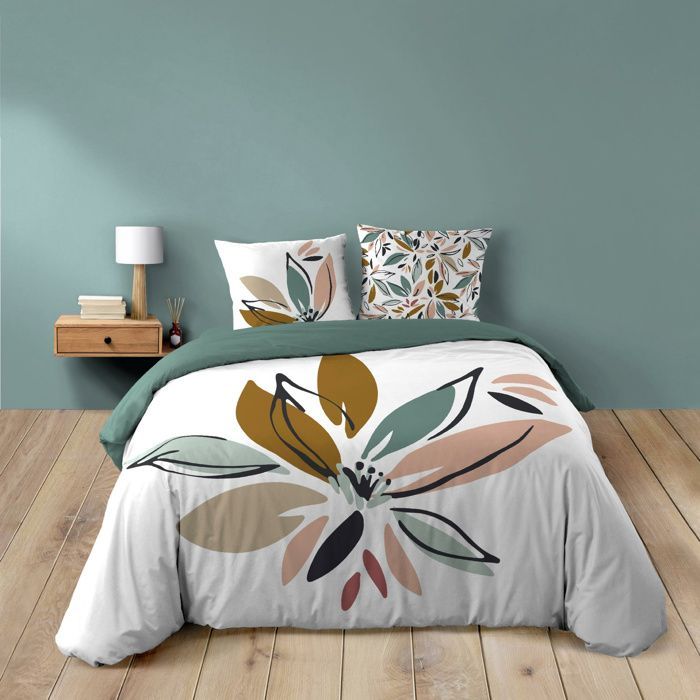 Housse de couette 240 x 220 cm OCTAVIA - 100% coton 42 fils + 2 taies - motif floral vert réversible