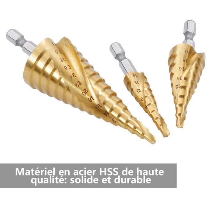 Juego de 3 brocas escalonadas NetBoat, acero inoxidable HSS, 4-12/20/32 mm, cónica triangular de titanio, con vástago hexagonal.