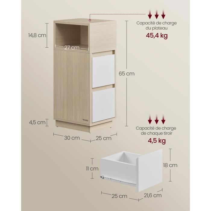 VASAGLE Table de Chevet Étroite, Lot de 2, 2 Tiroirs et Compartiment Ouvert, Montage à Gauche ou à Droite, Beige et Blanc