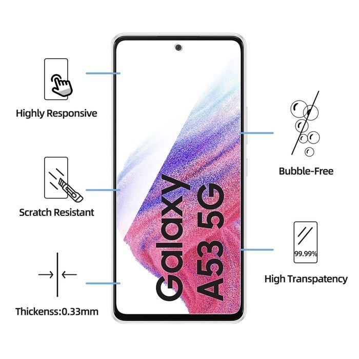 Pacote com 3 unidades de película de vidro temperado para Samsung Galaxy A53 5G, película protetora de tela - sem bolhas - ultrarresistente