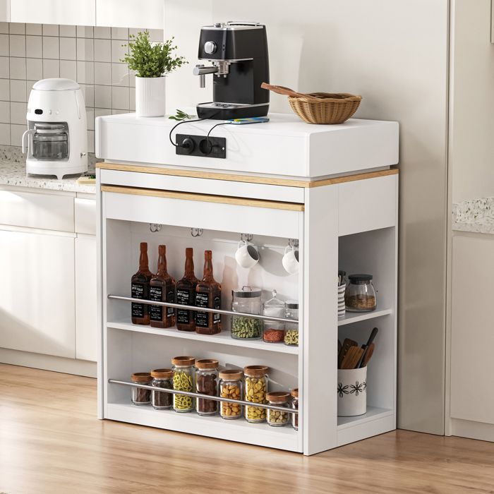 Uitschuifbaar keukeneiland met opbergruimte, modern minimalistisch dressoir, 83 × 46-146,5 × 96 cm, voorzien van een stopcontact, wit