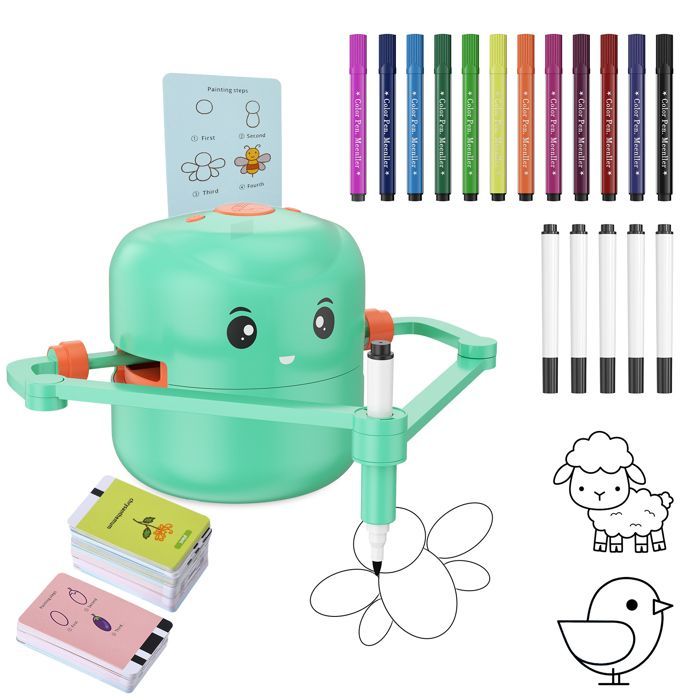Robot Dessinateur Enfant, Robot Qui Dessine Tout Seul, Interaction Vocale, 100 Cartes et 12 Crayons, Jouet éducatif Montessori vert
