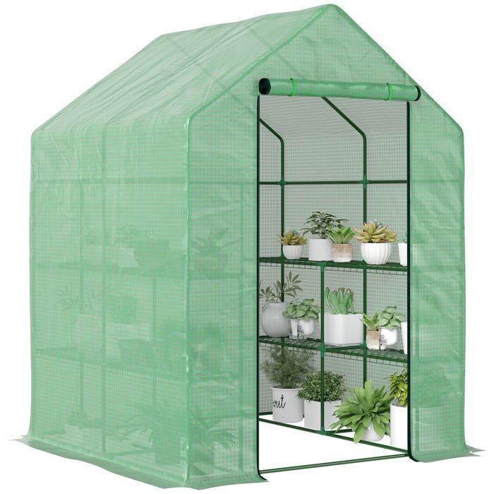 Outsunny Garden Greenhouse - with 3-Tier Shelves - Reinforced 140 g/m² PE Cover and Steel Frame - for Vegetables and Flowers - Green