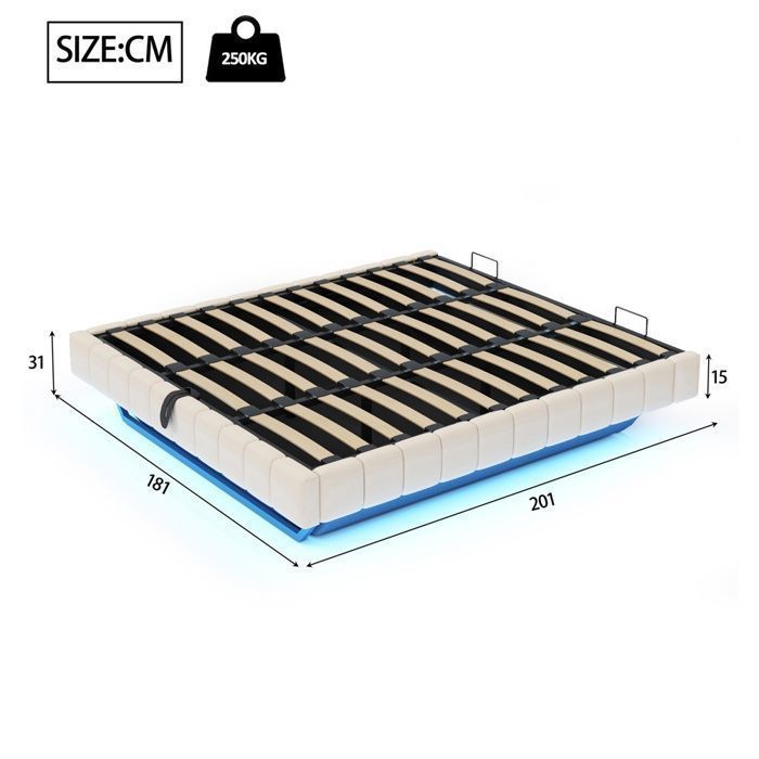 Letto contenitore per adulti 180x200 cm - Illuminazione a LED - Sistema di contenimento idraulico - Rete a doghe inclusa - Testiera non inclusa - Biancheria - Beige