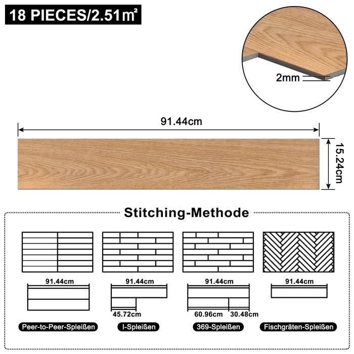 Piso de PVC - LILIIN - Placas autoadesivas - 91,44 x 15,24 cm - Impermeável - 18 peças para 2,51 m²
