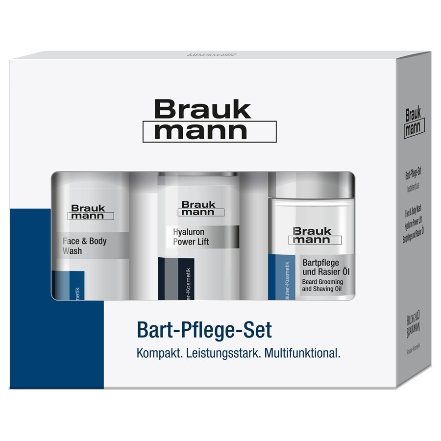 HILDEGARD BRAUKMANN veido kremas „Braukmann“ barzdos priežiūros rinkinys - barzdos priežiūros ir skutimosi aliejus 30 ml + hialurono rūgšties „Power Lift“ 30 ml + veido ir kūno prausimosi gelis 1 vnt.