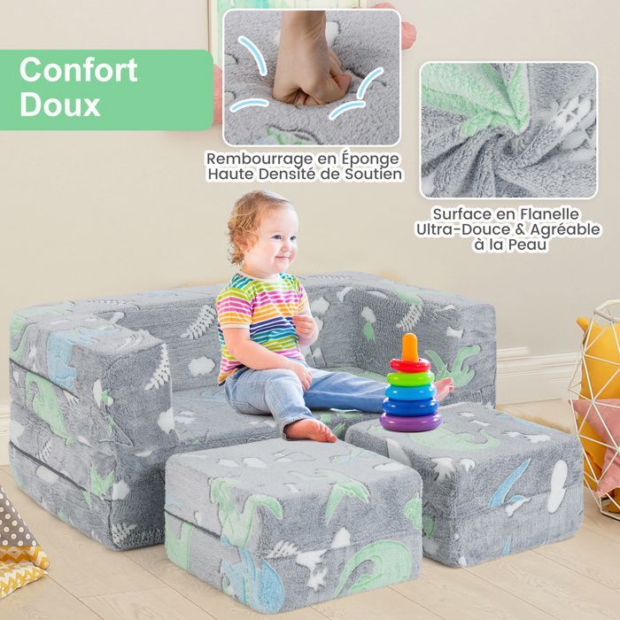 Sofá modular fosforescente COSTWAY para 2 niños, diseño plegable 3 en 1, funda de franela extraíble, 100 x 50,5 x 40 cm, gris.