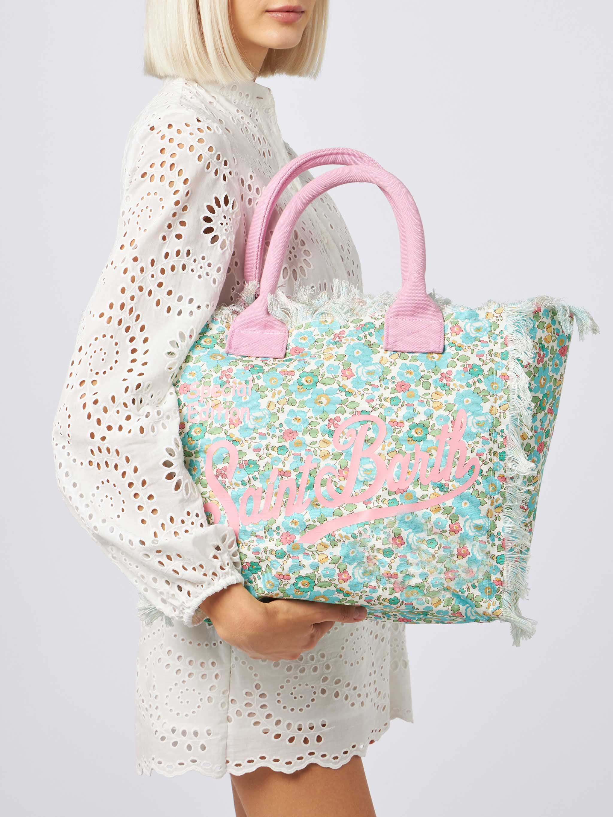 Vanity Liberty Canvas Tote Bag – Water Green Betsy Print, Zipped Closure & Saint Barth Logo | Made with Liberty Fabric | | MC2 Saint Barth
