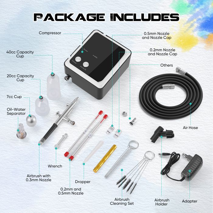 Kit aérographe avec compresseur d'air 36PSI, Double Action avec 3 buses de 0,2, 0,3 et 0,5 mm, pour Miniatures/Nail Art/Gâteaux