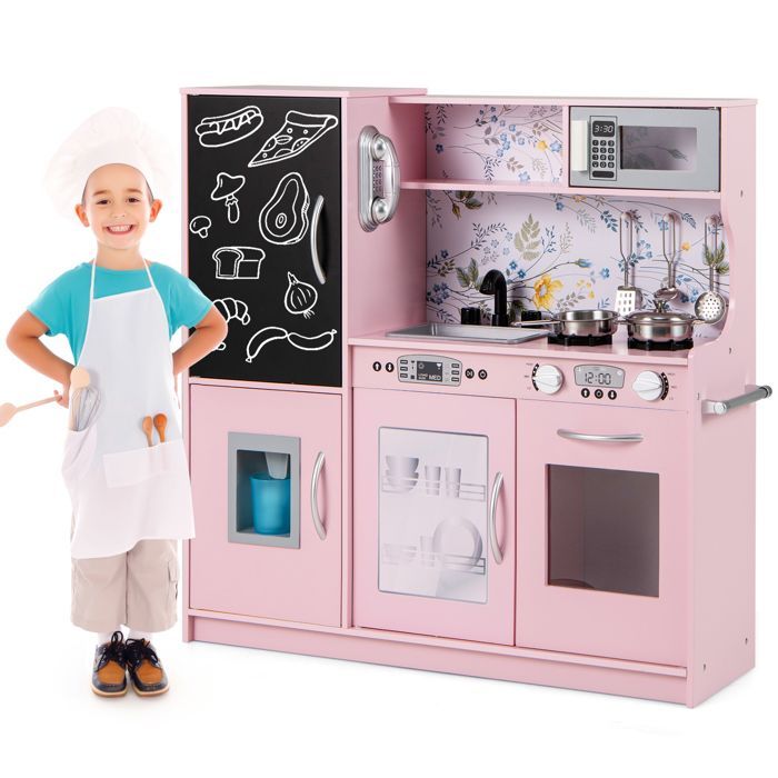 DREAMADE Wooden Children's Kitchen with Sounds, Blackboard, Telephone, Stoves, Dishwasher, Ice Maker, Oven, Pink