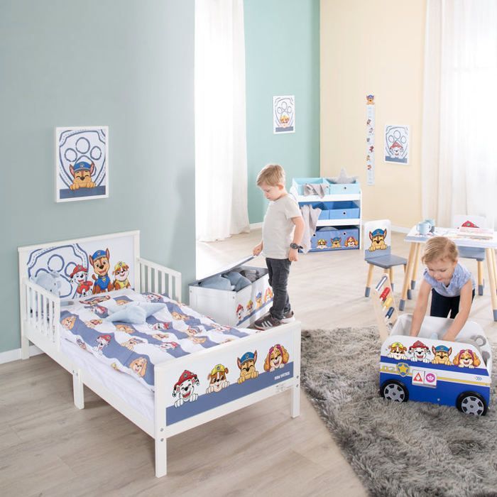 ROBA Pat Patrouille Coffre à Jouets en Bois - Couvercle Rabattable - Motif des Chiens - Gris - Blanc
